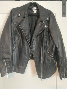 H&M Black Faux Leather Moto Jacket with Silver Hardware